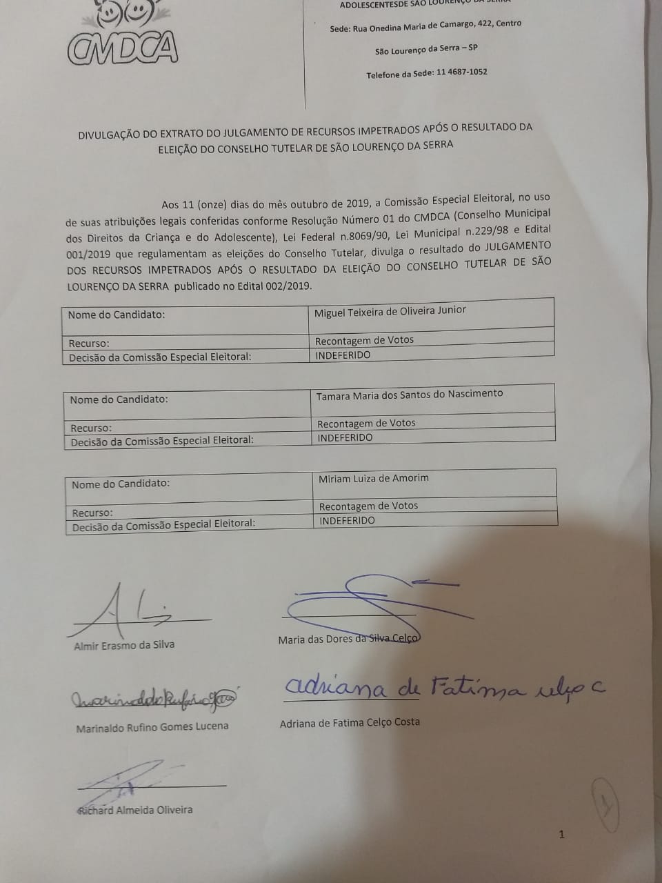 Eleição do Conselho Tutelar - Divulgação do Extrato do Julgamento de Recursos impetrados após o resultado da eleição do Conselho Tutelar de São Lourenço da Serra